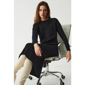 COMMENSE Leisure Cable Knit Long Sleeve Two Piece Skirt Set, Black - Size M, NWT